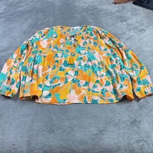 DR2 Floral Blouse Womens Medium Yellow Teal Pink Pleated Tassel Tie DR23252PR1